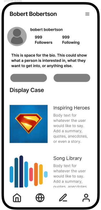 MEdia profile page — user identity and media lists
