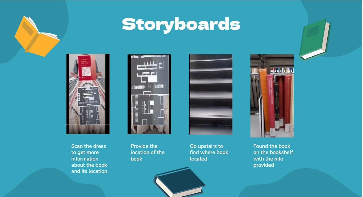 School Story storyboard — scan display, locate book, navigate, find it